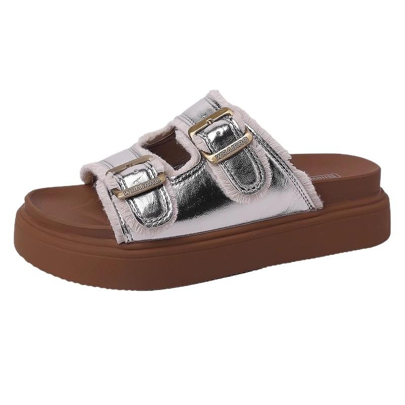 Cowhide Version Thick-bottomed Shit-stepping Slippers for Women's Summer Wear 2025 New Thick-bottomed Beach Vacation Wind One-word Cool Slippers