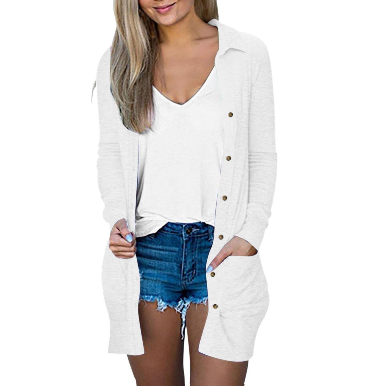 

Женский модный кардиган Легкий с длинным рукавом на пуговицах Свободный С карманом Однотонная куртка XXL
