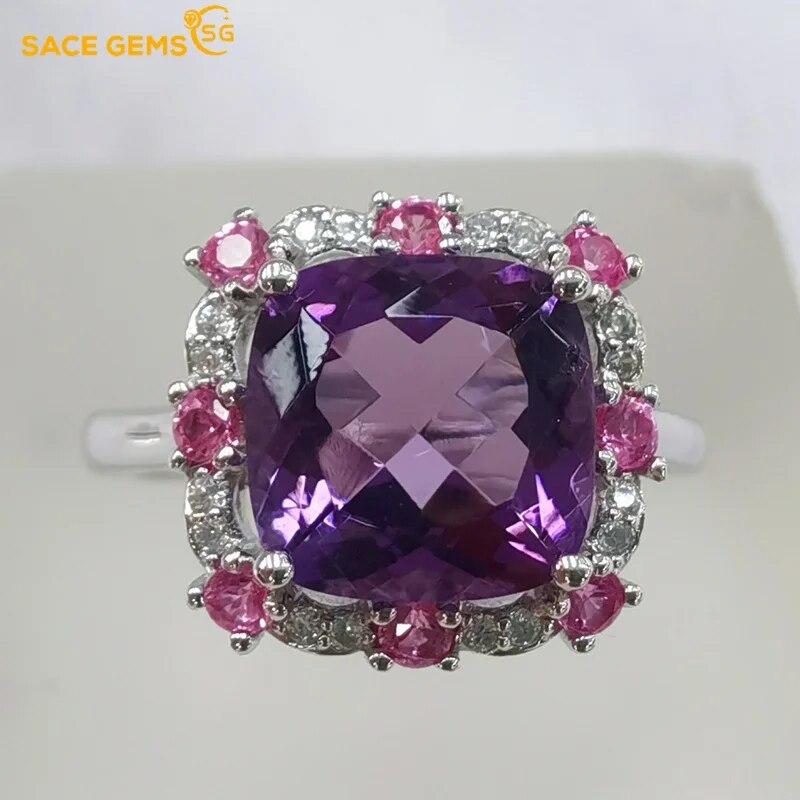 

Кольца SACE GEMS из стерлингового серебра 925 пробы 9*9 мм с натуральным аметистом для женщин, помолвка, коктейльная вечеринка, изысканные ювелирные изделия, подарок Open фиолетовый