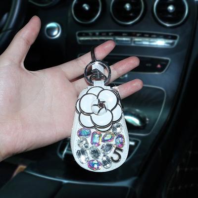 Shiny Diamond Crystal Car Camellia Flower Key Bag Auto Key Protection Cover Universal Bling Car Accessories for Women