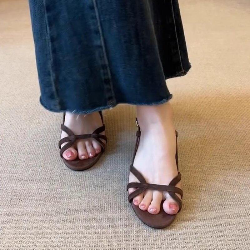 Modne Retro Wycięcie z Tyłu Pasek na Kostkę Otwarty Palec Sandały Damskie Letnia Moda Klin Temperament Okrągły Nosek Rzymskie Damskie Buty