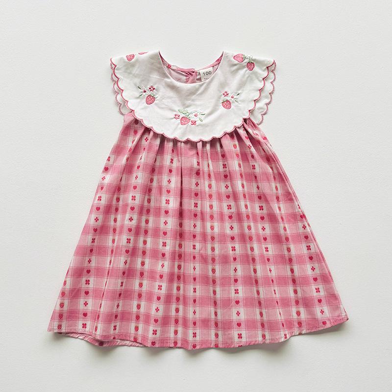 Girls Summer Pink Plaid Sleeveless Dress Sweet Floral Collar Strawberry Embroidery Children Dress 90cm