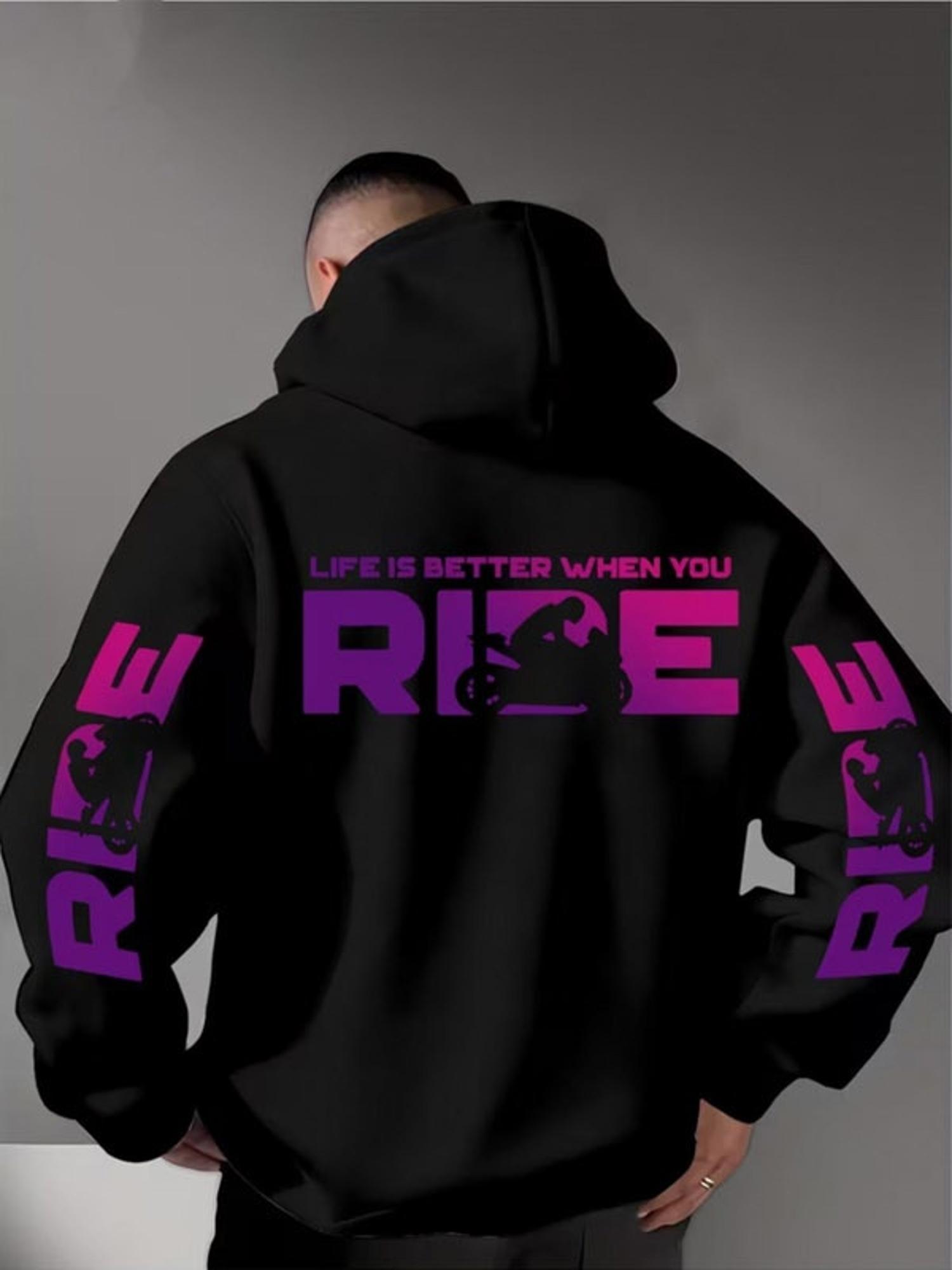 Motorradfahrer Silhouette Gradient Buchstaben Rückseite & Ärmel Druck Herren Hip Hop Sport Hoodie Reitthema Trendiges Lockeres Sweatshirt 3XL schwarz