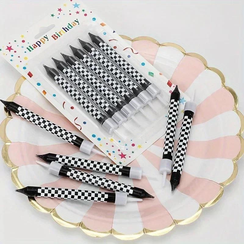 1/6/12/13pc Black and White Birthday Checkered Candles and Cake Topper Racing Cars Candles Sparkler Candles for Racing Car Party