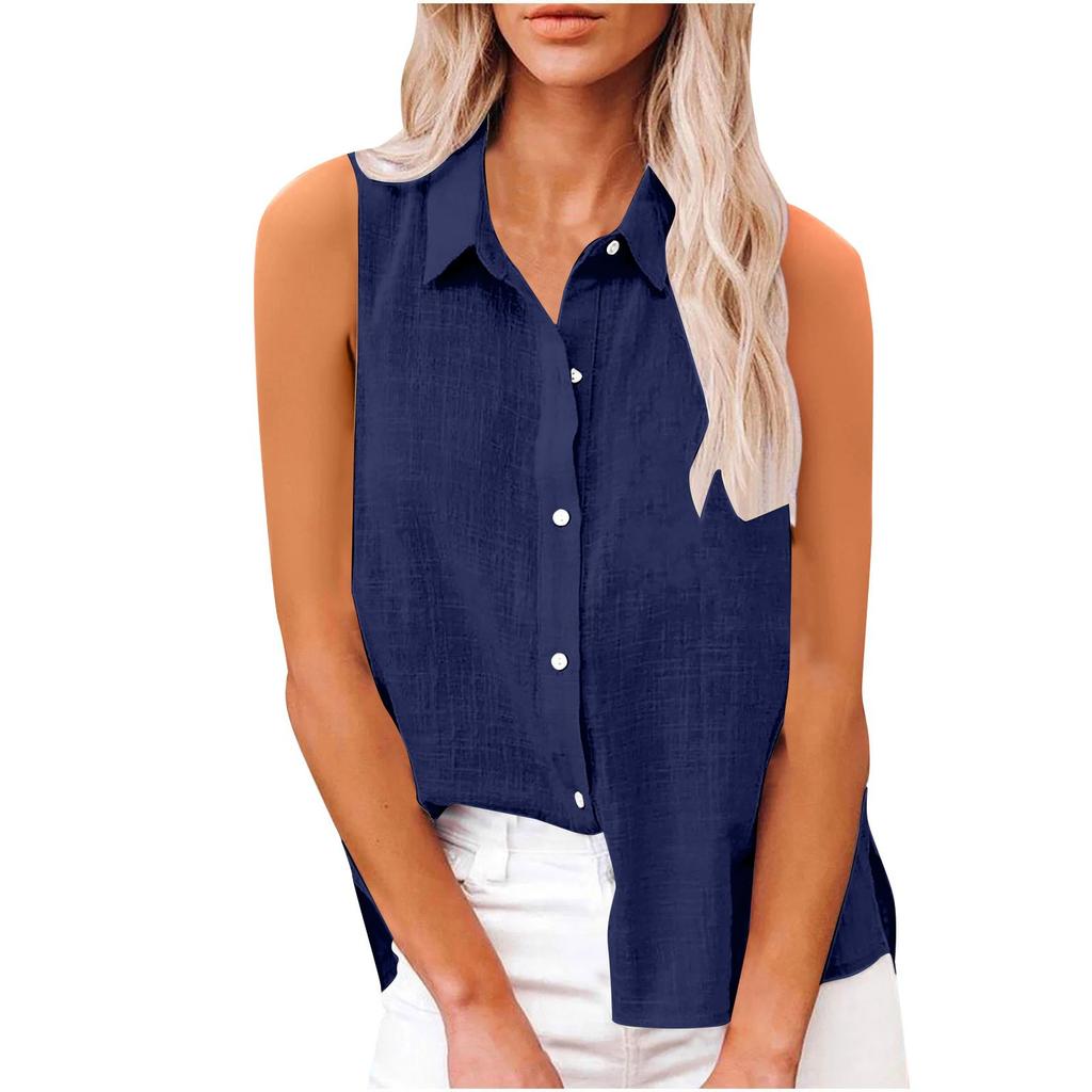 Women's Fashion Casual -Colour Sleeveless Cardigan Collar Cotton-Linen Button-Down Shirt T-Shirt Top