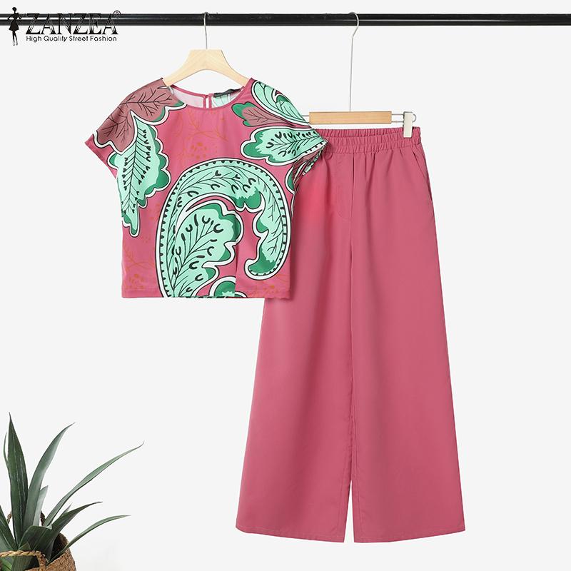 ZANZEA Damen Kurzarm Print T-Shirt und Hose Sommer Zweiteiler Anzugsets