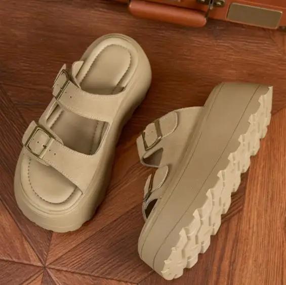 Fashion 7CM Suede Leather High Brand Comfy Peep Toe Slippers Fashion Platform Wedge Flats Sandals Summer Chunky Sneaker Hook Shoes Women