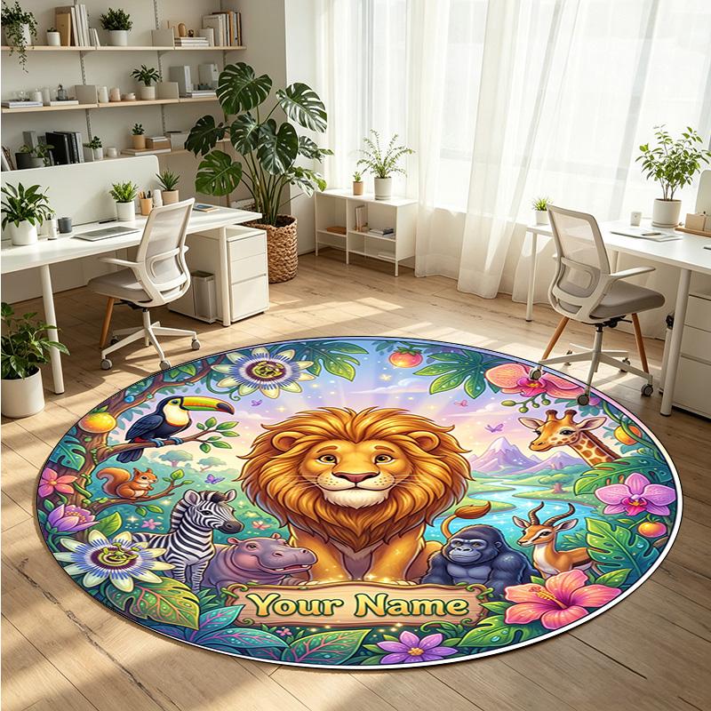 Wild Animals (347) Theme Round Crystal Velvet Rug Custom Name Text Personalized Floor Mat Home Decor Non Slip Crystal Carpet