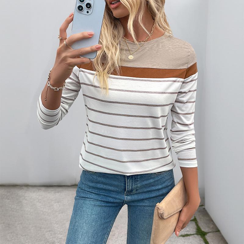 A New Autumn Retro Casual and Simple Striped Long-sleeved T-shirt Top for Women