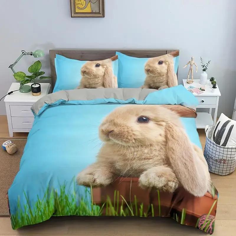 Comforter Cartoon Rabbit King Queen Pet Animal Carrot Bedding Set For Kids Easter Theme Bule 2/3Pcs Polyester