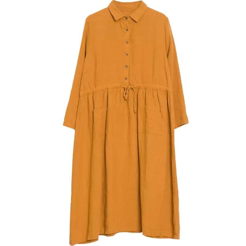 Spring New Literary and Loose Splicing Solid Color Cotton and Linen Lapel Collar Long-sleeved Dress Women's Medium and Long Shirt Skirt