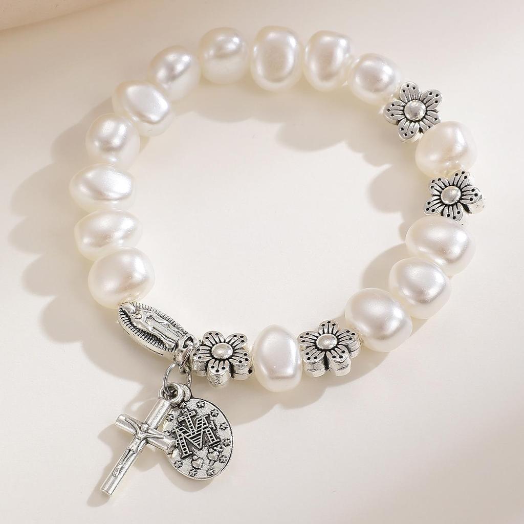 Retro Virgin Mary Pendant Pearl Bracelet with Oval Charm and Flower Design for Women