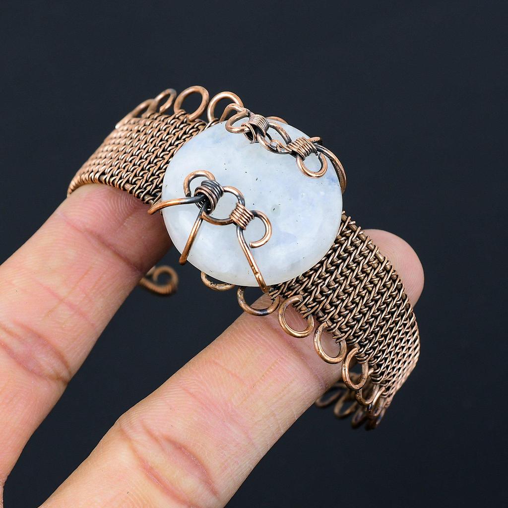 Moonstone Gemstone Pure Copper Wire Wrapped Handmade Cuff/ Bangle Jewelry For Christmas Gift