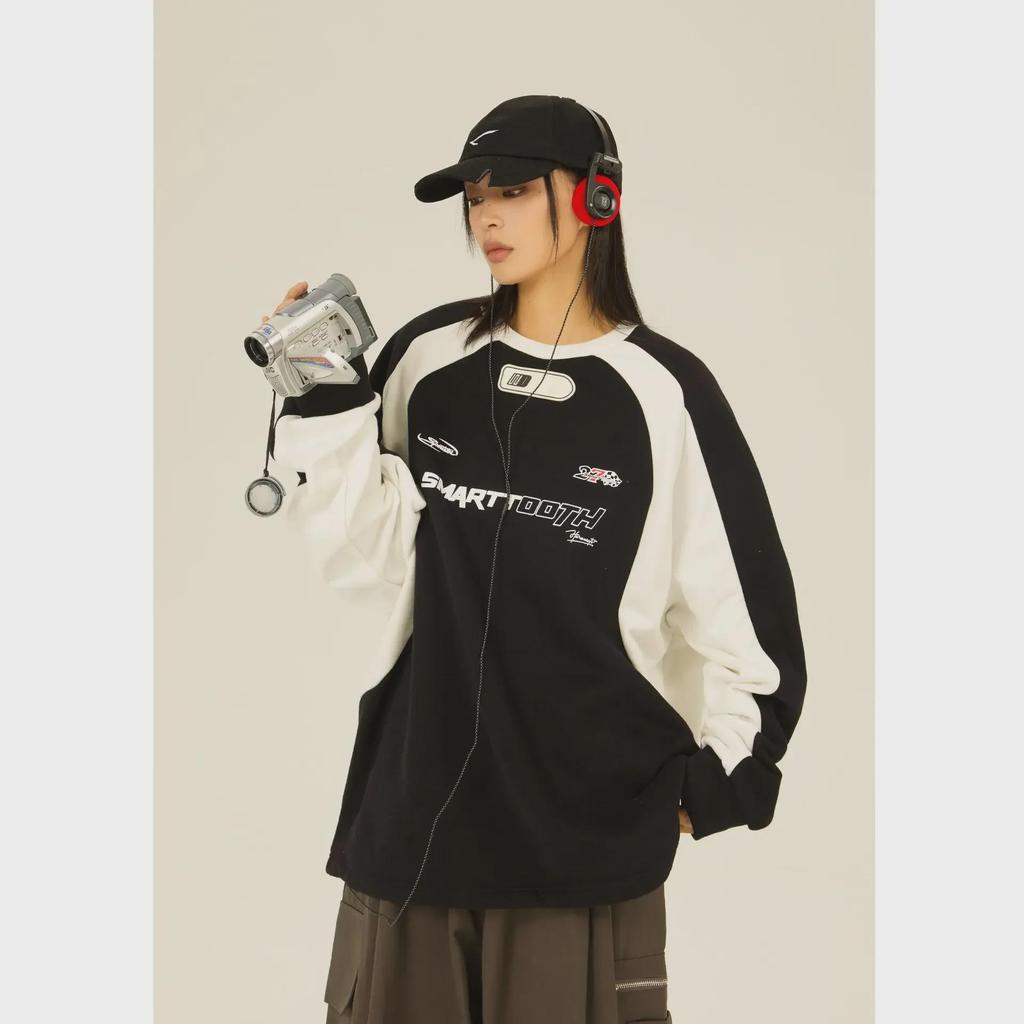 Trendy Streetwear Contrast Raglan Sleeve Racing-Style Motorcycle T-Shirt for Couples