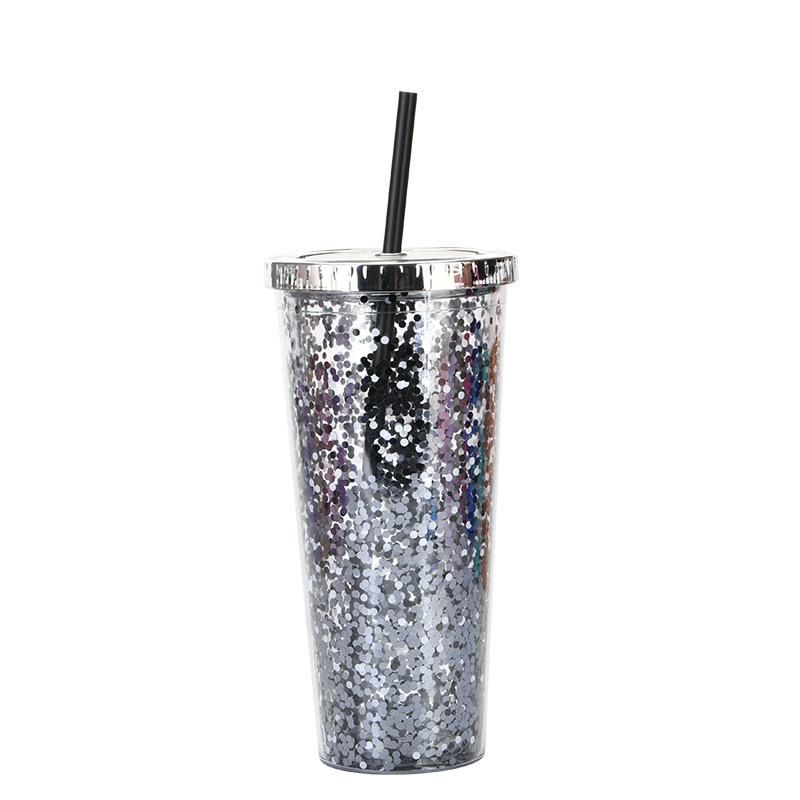 Taza de Plástico de Doble Capa de 24 oz con Purpurina Botella de Agua Portátil con Pajita Vasos Reutilizables de Plástico con Tapas Taza para Bebidas de Fiesta