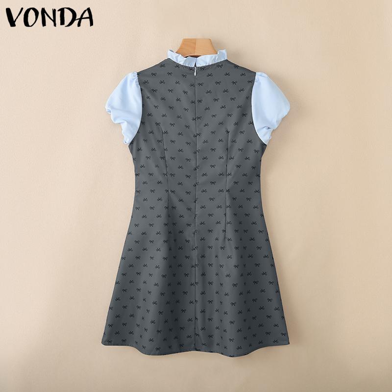 VONDA Women College Style Ruffled Neck Bow Knot Polka Dots Patchwork Pleated Dress