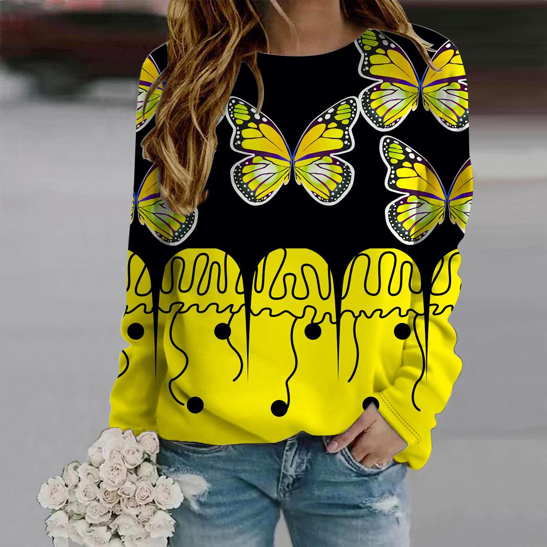 

Осенняя женская мода с круглым вырезом и длинным рукавом, свободная одежда, синяя футболка с принтом в виде пятнистой бабочки для девочек, уличная 3XL жёлтый