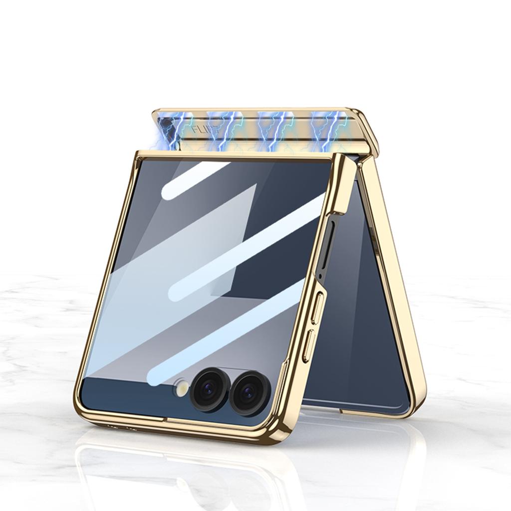 Samsung Z Flip7 Mobile Phone Case Magnetic Folding Hinge Case Film Integrated Electroplating PC Leather Protection Case