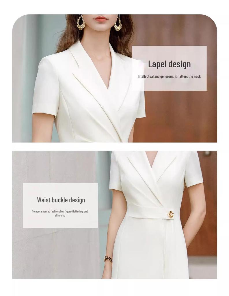 Women's Professional White Summer Dress - Short Sleeve & Waist-Slimming Design for Office Wear