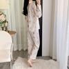 2026 Spring Cartoon Print Chiffon Pajama Set for Women, Cardigan Long Sleeve & Long Pants Home Wear Set