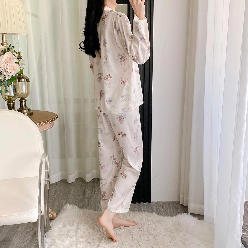 2026 Spring Cartoon Print Chiffon Pajama Set for Women, Cardigan Long Sleeve & Long Pants Home Wear Set