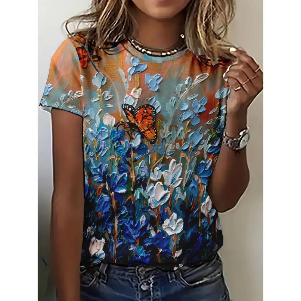 New women's 3D printed round neck pullover short sleeved loose casual comfortable T-shirt flower pattern versatile women's T-shirt