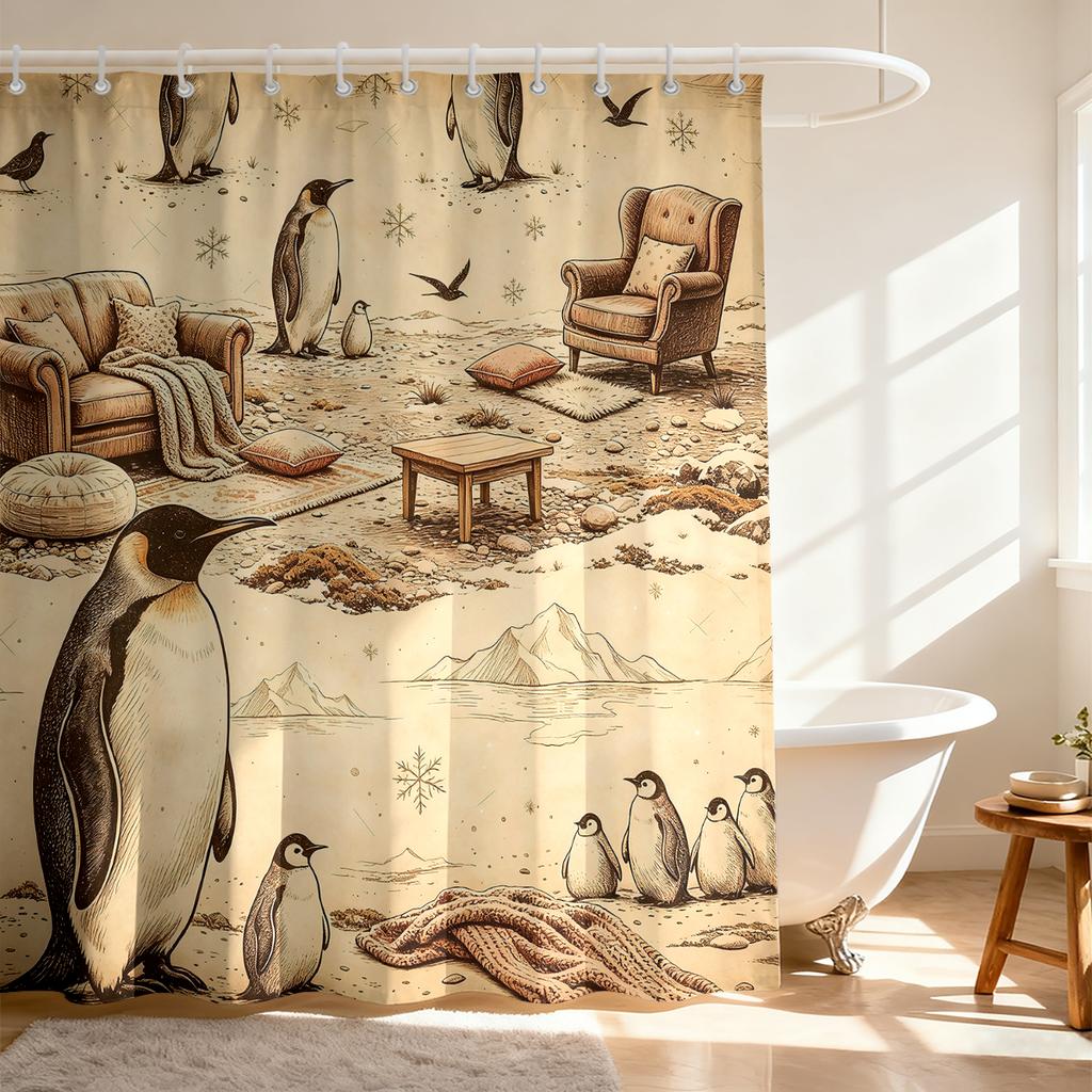 1pc retro penguin home scene shower curtain fashionable privacy protection curtain suitable living room bathroom decoration