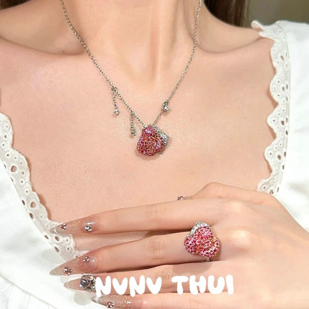 Jewelry, Red Rose Necklace, Silver Light Luxury Sweet Princess Carmine Rose Gradual Change Zircon Earrings Set