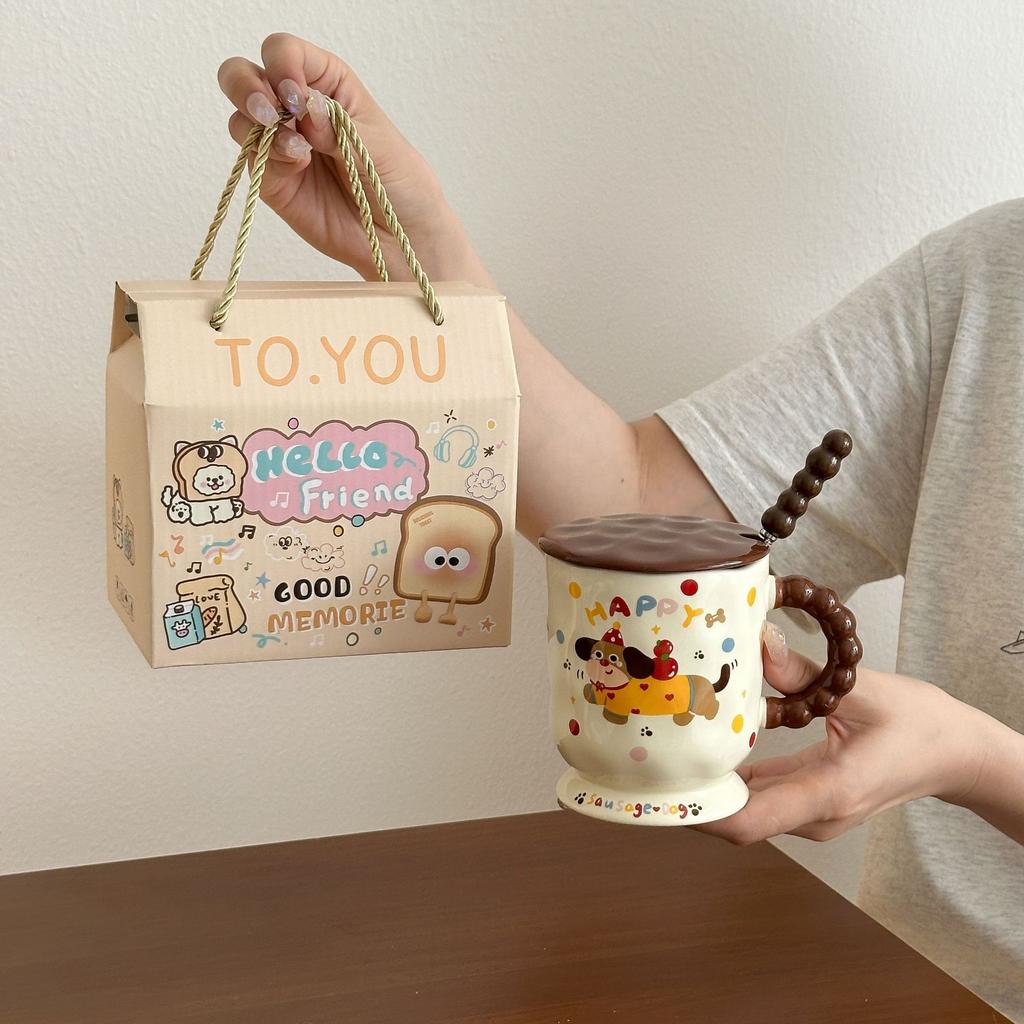 Cute Dachshund Dog Goblet Household Drinking Water Mug with Lid Spoon Office Ceramic Breakfast Coffee Milk Cup