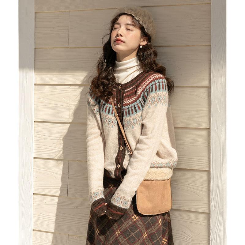 Vintage Contrasting Color Fair Island Sweater Jacket Autumn and Winter Retro Soft Waxy Knitted Cardigan Tide