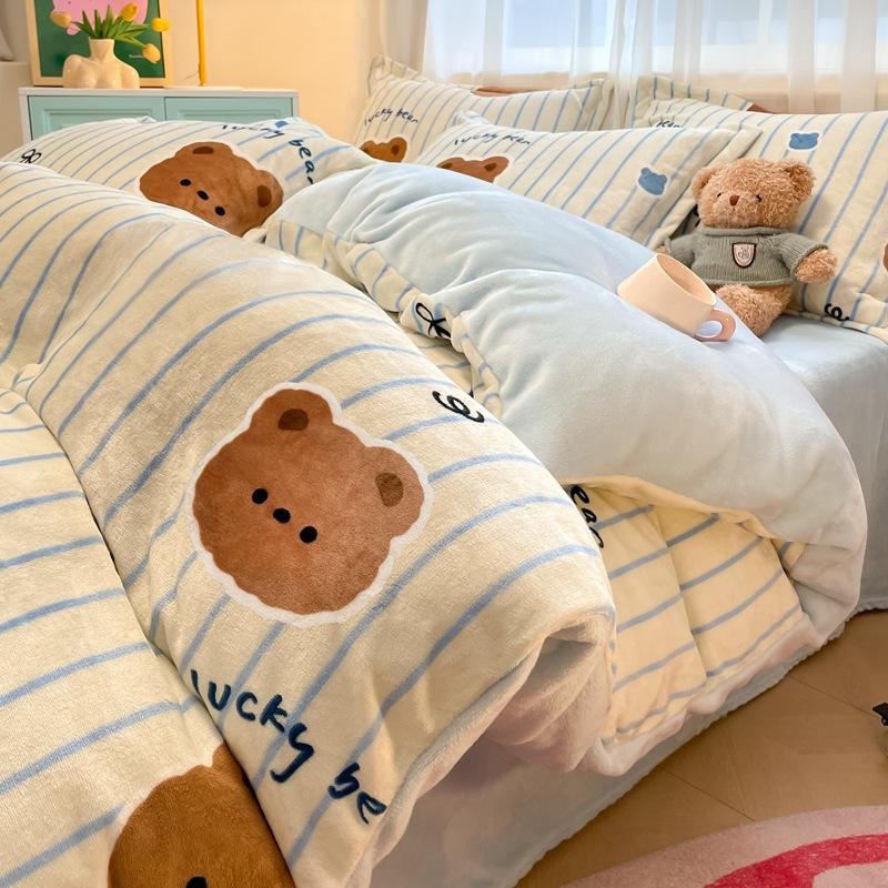 Thickened Milk Fleece Four-Piece Set, Coral Flannel Quilt Cover, Double-Sided Fleece Bed Sheet Quilt Cover, Bed Hat Three-Piece Set
