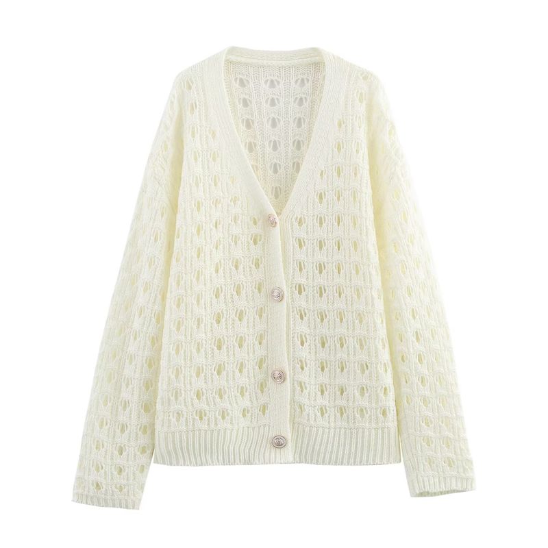 Zbzr Spring New Women clothes Western Style Yellow Hollow out Knit cardigan Niche Sweet Casual Sweater Outerwear