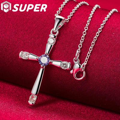 Halskette mit rundem AAA-Zirkon-Kreuz-Anhänger aus 925er-Sterlingsilber, Schmuck