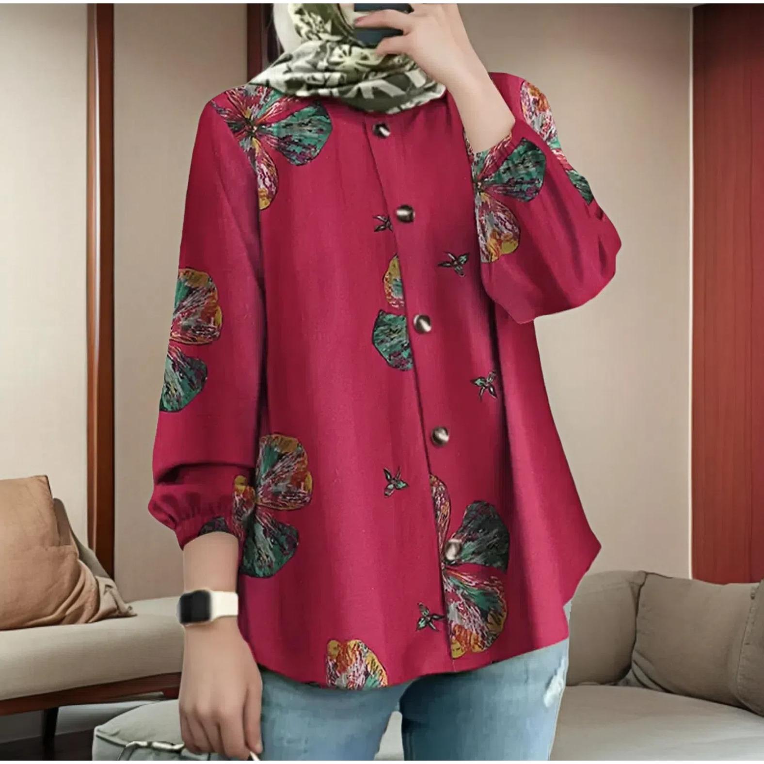 

GMXIA Женская мусульманская рубашка с принтом, модная рубашка с пышными рукавами, повседневная свободная одежда XXXXL красный