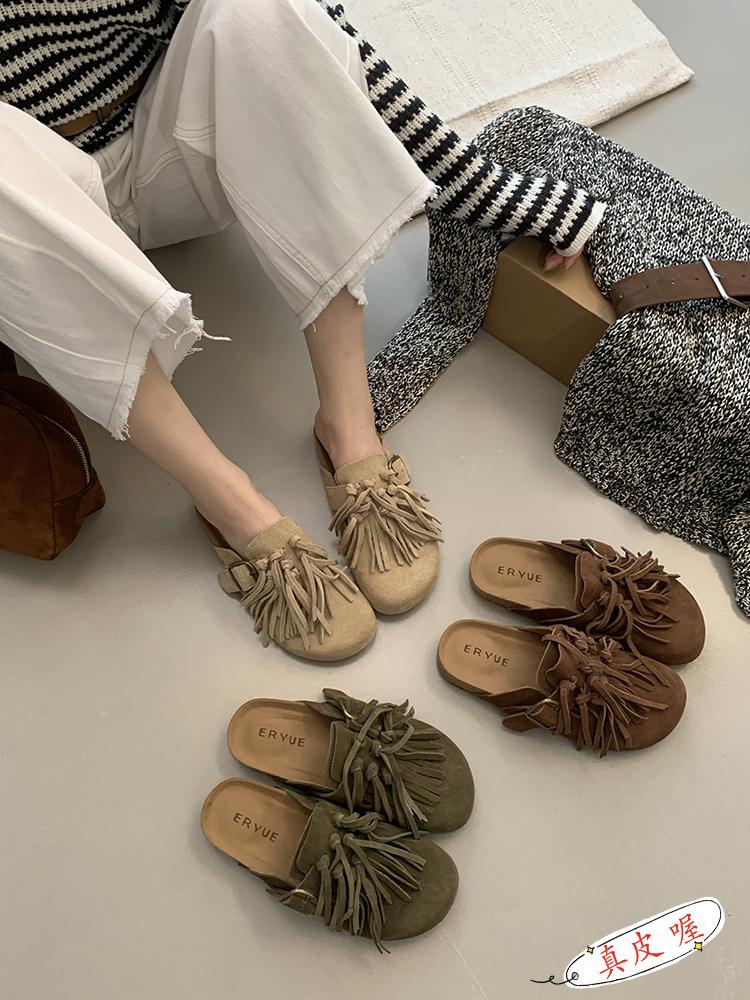 Fashion Genuine Leather Tassel Baotou Half Slippers Women Clogs Cork Insole Sandals With Arch Support Outdoor Beach Slides Home Shoes