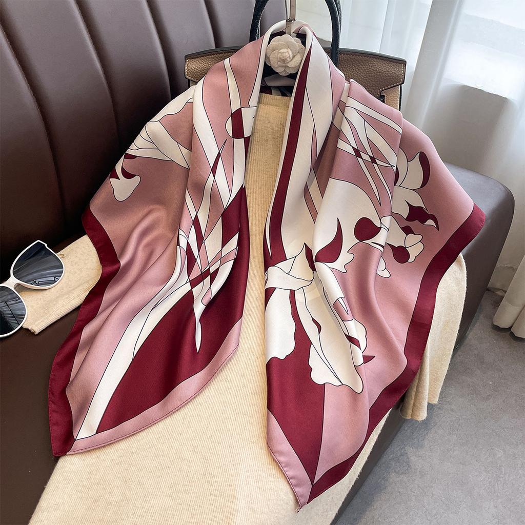Luxury 90*90Cm Square Scarf Twill Silk Feeling Flower Print Neck Scarves Women Head Shawls and Wraps Hijab Bandana Pashmina