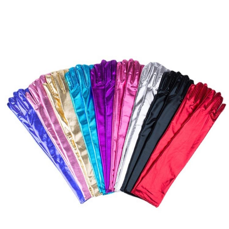 Women Faux Leather Sparkly Metallic Long Gloves for Evening Costume Party Dance