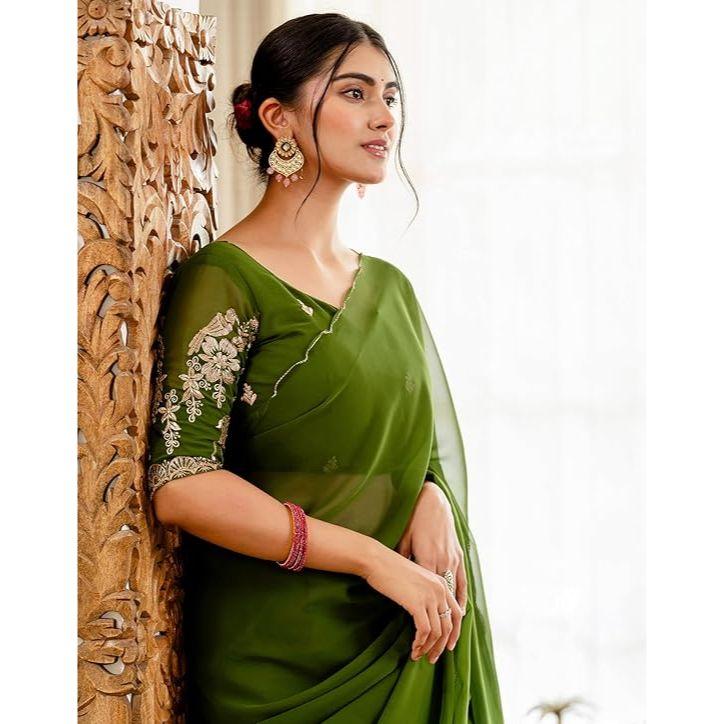 Saree Georgette pentru Femei cu Bord Scalloped și Bluză Neconfecționată