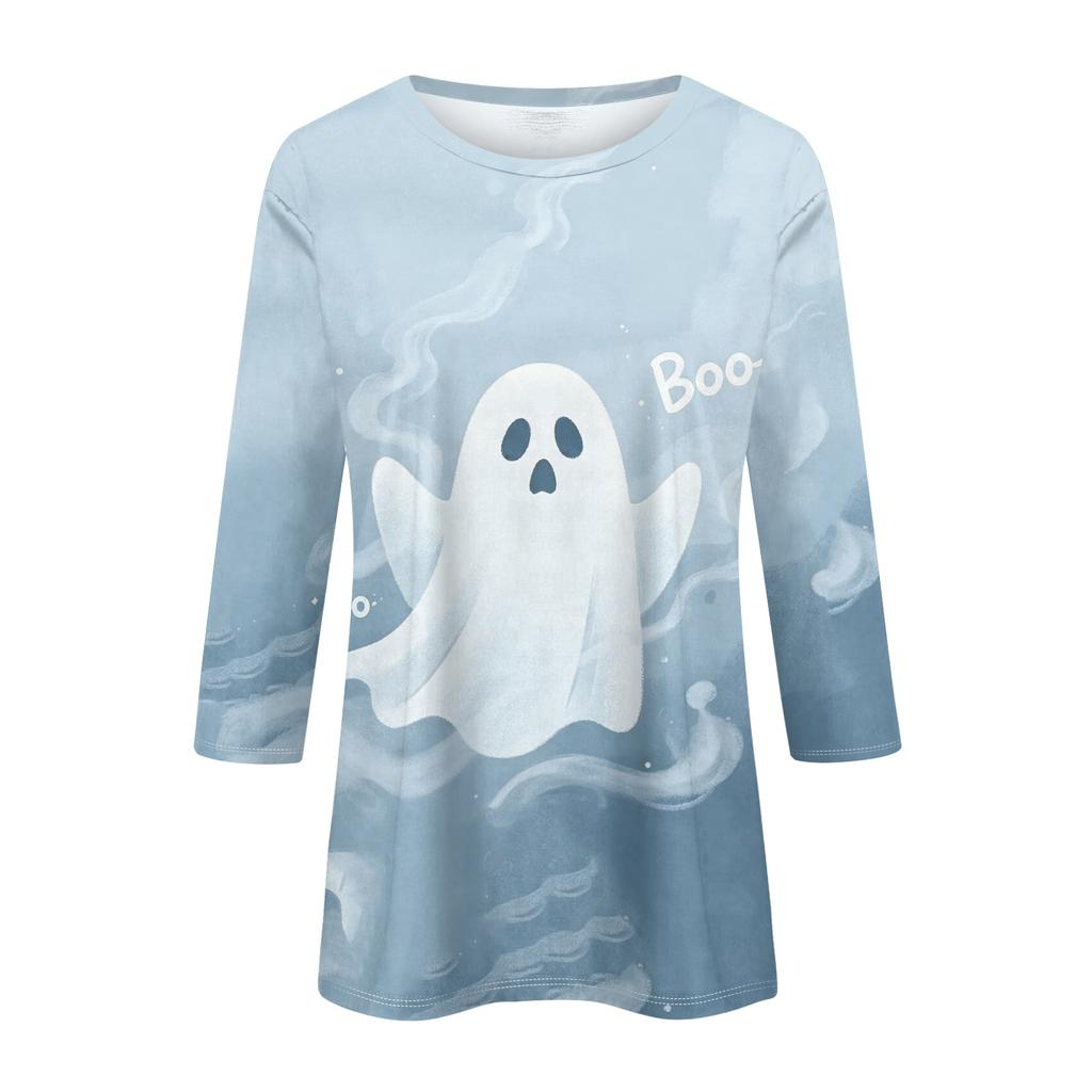 Women's Casual 3/4 Sleeve Halloween Print Round Neck Top Lightweight Loose Fit Pullover Shirt for Everyday Wear