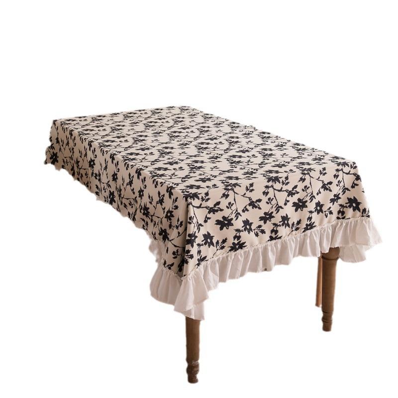 French Polyester Printed Plant Flower Pleated Lotus Leaf Fungus Edge Rectangular Coffee Table Tablecloth Dining Table Cloth