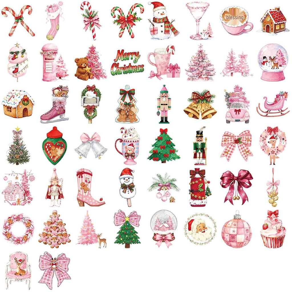 50 Waterproof Pink Christmas Stickers: English Graffiti for Scrapbooks, Phones & Decoration