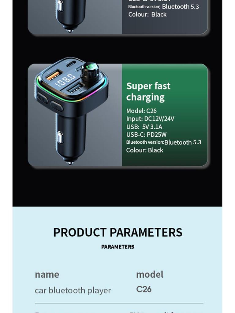 Bluetooth MP3 Car FM Charger with Digital Display & Fast Charging