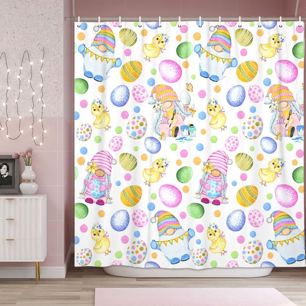 Easter Shower Curtain Cute Gnome Happy Easter Bathroom Decor Set with Colorful Easter Eggs, Cloth Fabric Bathroom Decor Set with