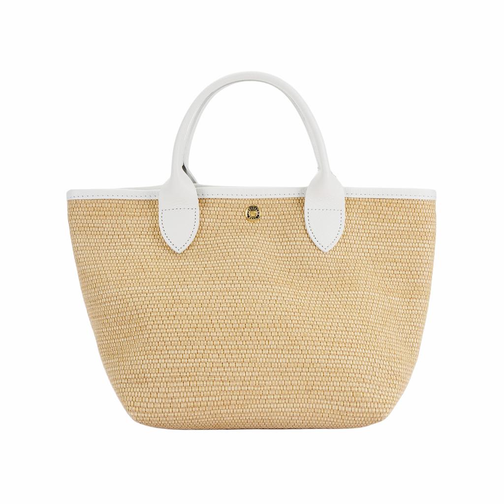 Longchamp Le Panier Pliage 21 Straw Embroidered Snap Closure Leather Canvas Shoulder Crossbody Tote Bag Small Women Handbags White 10144HZB007