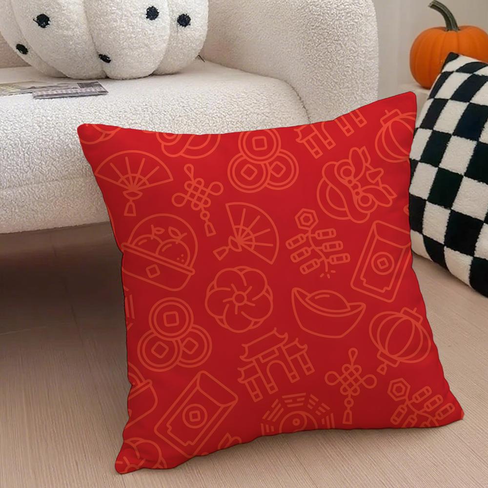 Chinese Red Festive and Auspicious Patterns Cushion Cover Throw Pillow Cover Hidden Button Durable Polyester Chair Cushion
