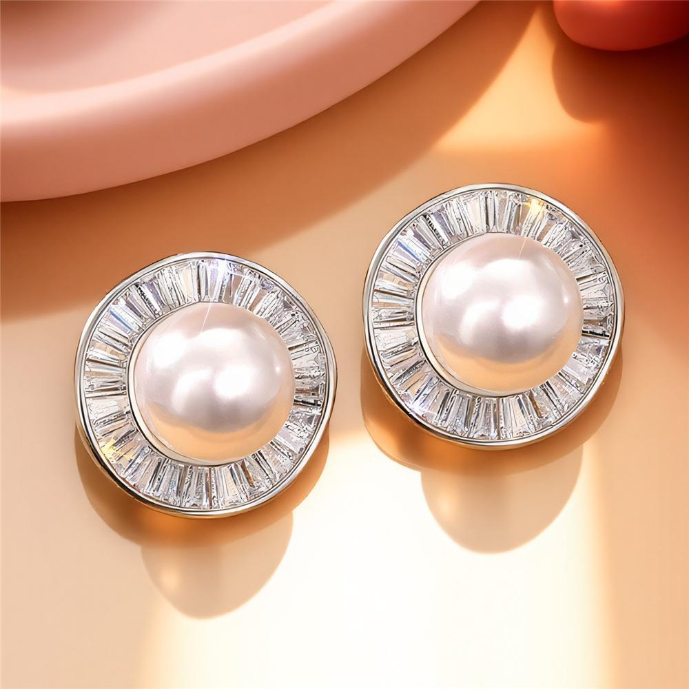 Boucles d'oreilles Puces Zircon Blanc Pierre de Perle Luxe Femme Couleur Or Vintage Cadeau de Fête de Mariage Pour Femmes