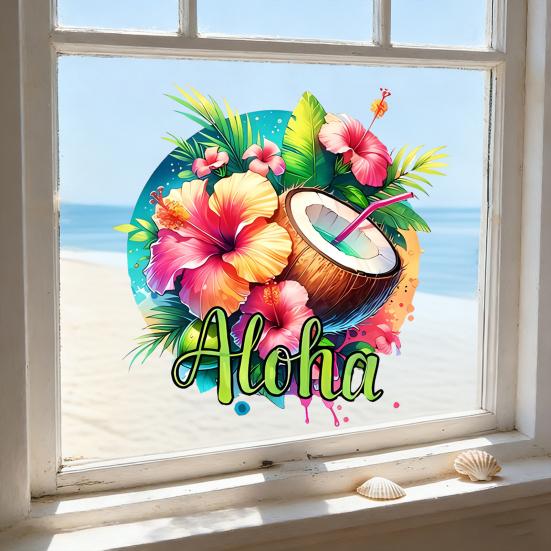 Summer Window Clings Tropical Hibiscus Flower Coconut Window Stickers Removable PVC Static Decal for Beach Vacation Hawaii Theme Home Kitchen