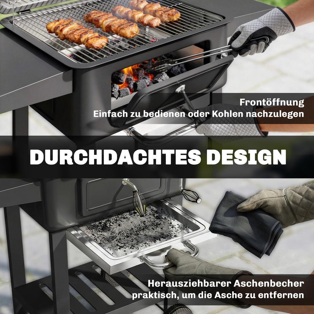 Charcoal BBQ Grill with Adjustable Charcoal Pan, Large Barbecue Grill Smoker with Side Tables, Temperature for Outdoor