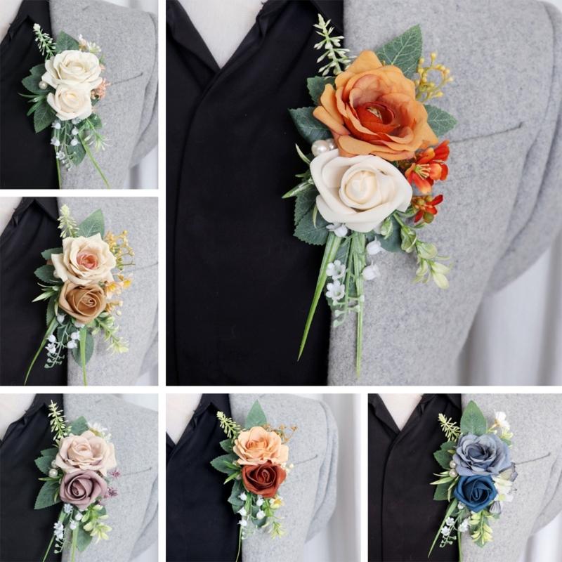Handmade Flower Wristbands Wrist Flower Realistic Rose Boutonniere for Bridesmaid and Event Decoration Optional Color