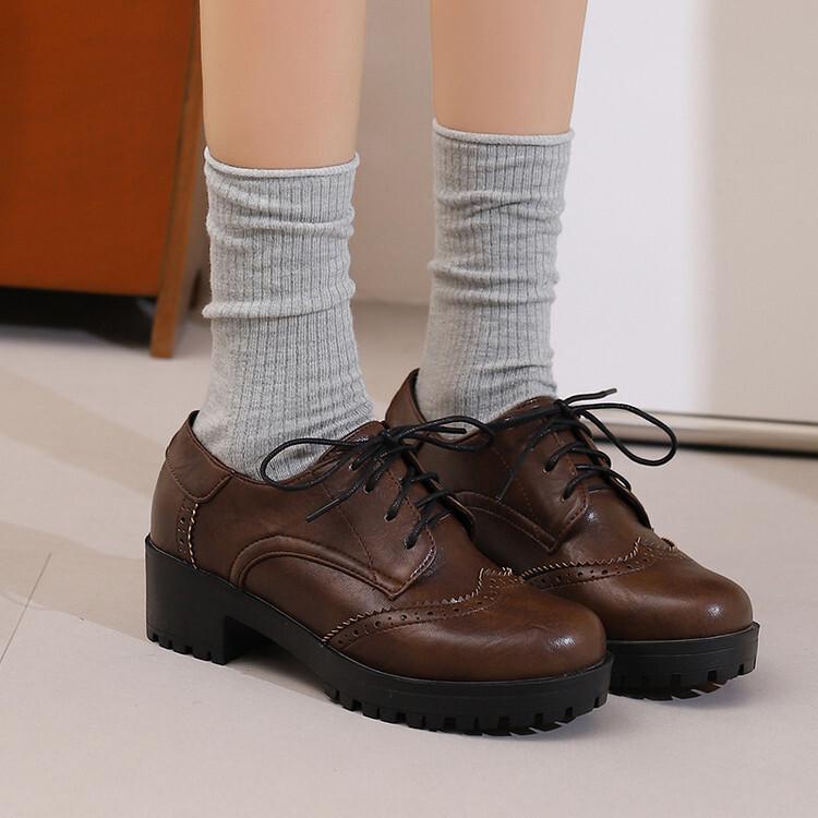 Large Size Small Leather Shoes Spring and Autumn Platform Thick Heel Medium High Heels Retro Front Lace-up  Shoes
